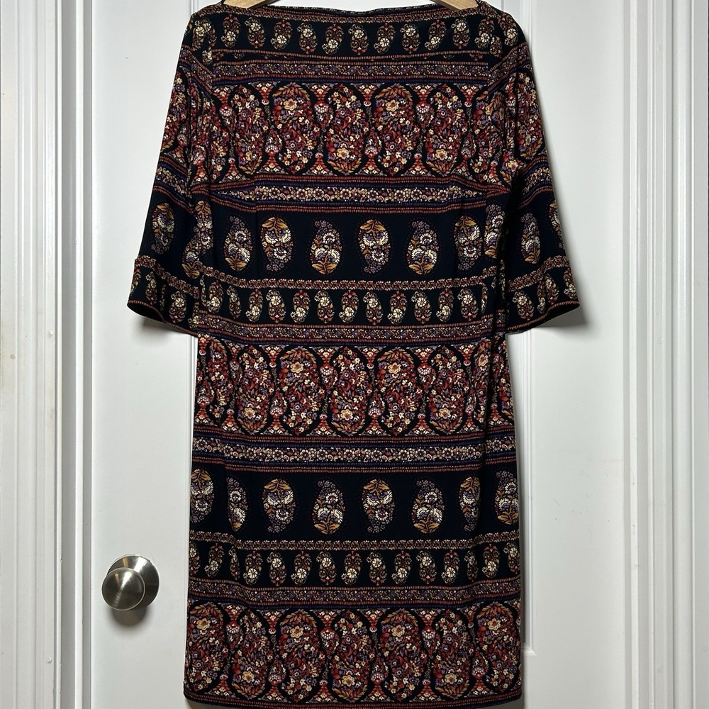 Nine West Black Jewel Tone Paisley Medallion Boho Print 3/4 Sleeve Shift Dress
